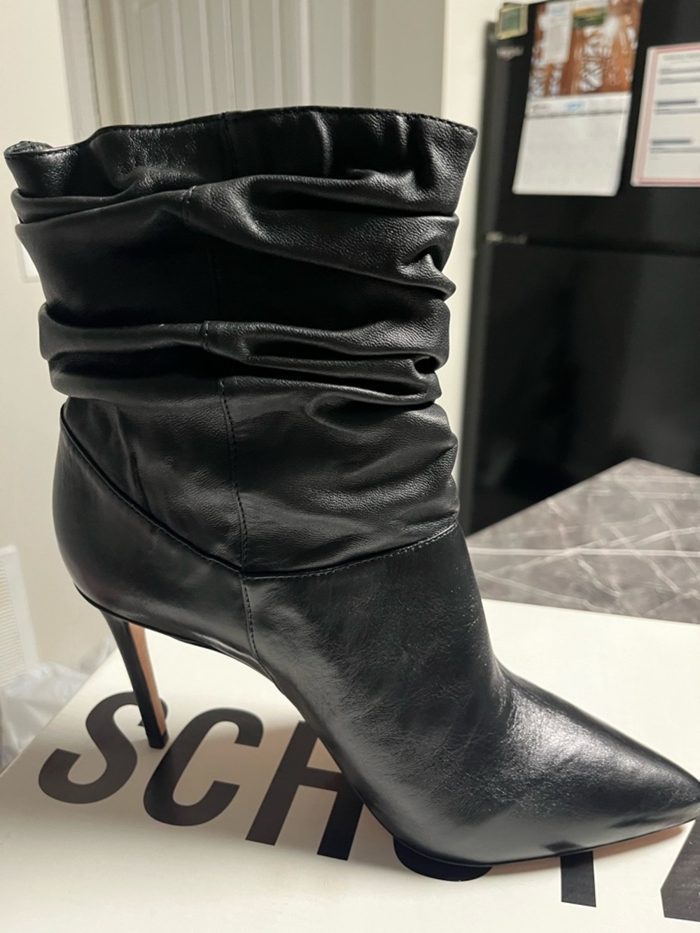 SCHUTZ Black Slouch Leather Pointed-Toe Stiletto Bootie
